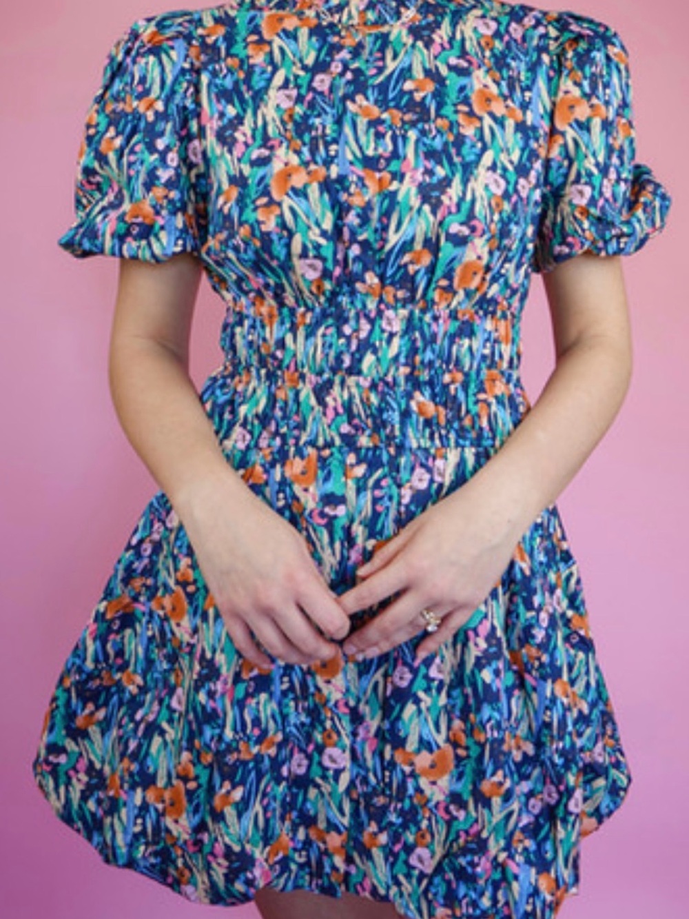 &merci Floral Smocked Mini Dress in Navy Blue size medium